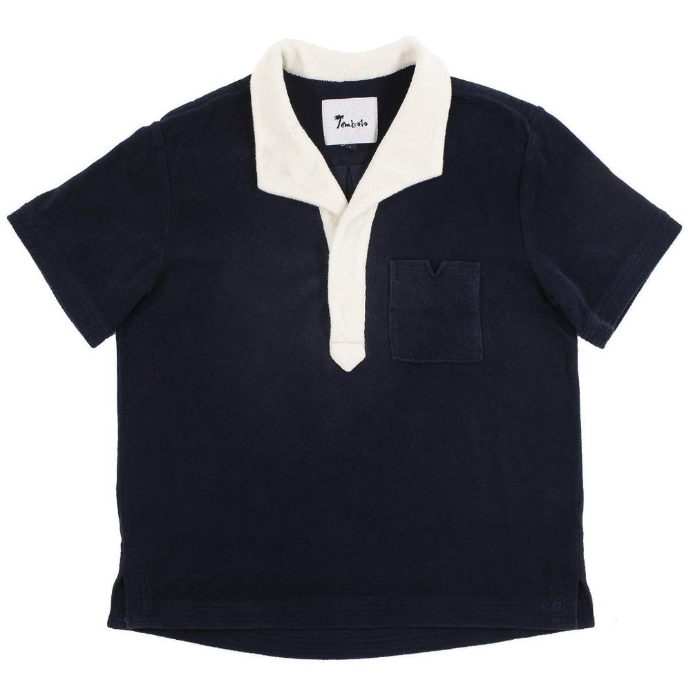 Tombolo Blue Navy White Cabana Terrycloth Toweling Polo Beach Shirt, Size M